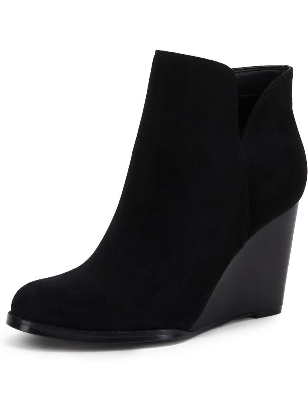 Women's Black Wedge Ankle Booties Zip-up Closed Toe Stacked Heel Faux Suede
